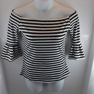 🔴 Black & White Striped Off Shoulder Top
